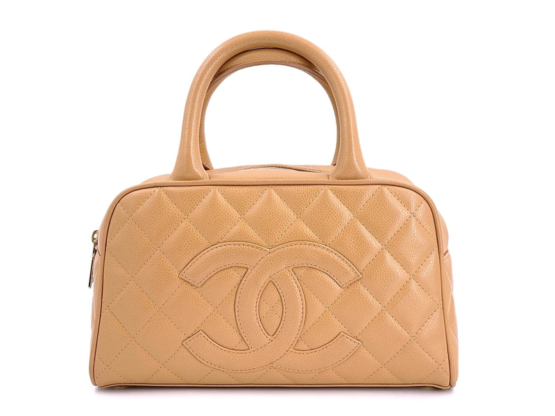 Chanel Camel Beige Caviar Quilted Mini Bowler Bag - Boutique Patina