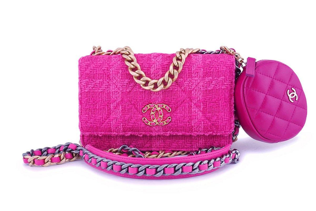 NIB 19K Chanel 19 Fuchsia Pink Tweed Wallet on Chain WOC Flap