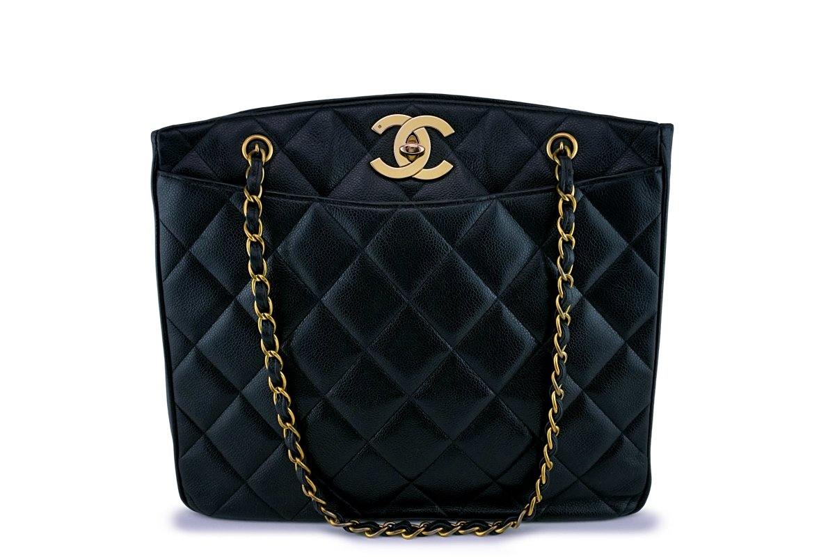 Chanel Large Black Vintage Caviar Jumbo CC Shopper Tote Bag Boutique Patina