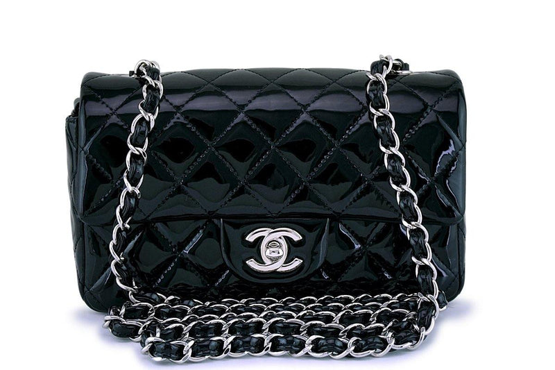 Chanel Black Patent Classic Quilted Rectangular Mini Flap Bag SHW