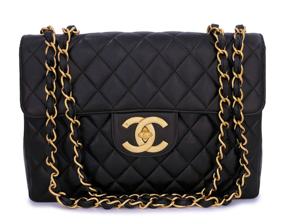 Chanel 1997 Vintage Black Jumbo Classic Flap Bag 24k GHW Lambskin - Boutique Patina