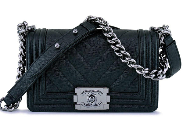 New 18S Chanel Black Caviar Chevron Small Boy Classic Flap Bag RHW - Boutique Patina