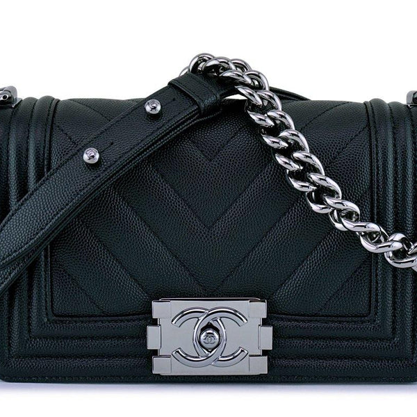 New 18S Chanel Black Caviar Chevron Small Boy Classic Flap Bag RHW