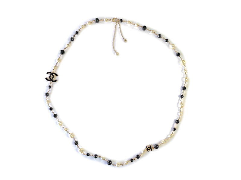 Chanel 14B Gold Black Enamel and Pearl Long Station Necklace - Boutique Patina
