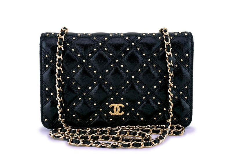 New 18B Chanel Black Studded Calfskin Classic Wallet on Chain WOC Flap Bag - Boutique Patina