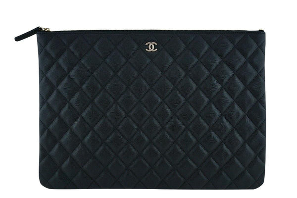 17S Chanel Black Caviar Classic Quilted O Case Clutch Purse Bag Large GHW - Boutique Patina