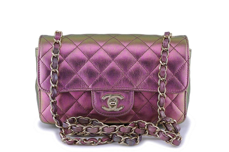 Chanel Classic Mini Rectangular 20B Purple/Green Iridescent Quilted  Lambskin with light gold hardware