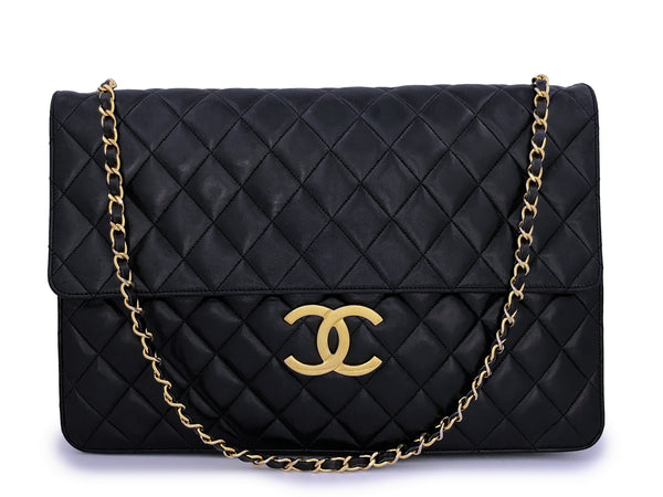 Rare Chanel Vintage Black XXL Classic Flap Clutch Bag 24k GHW Lambskin - Boutique Patina