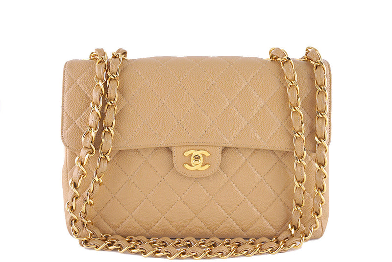 Chanel Beige Caviar Jumbo Quilted Classic 2.55 Flap Bag - Boutique Patina