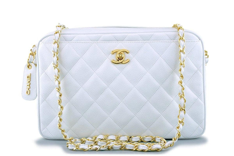Vintage Chanel CC Chain Shopping Tote Bag White Caviar Gold Hardware