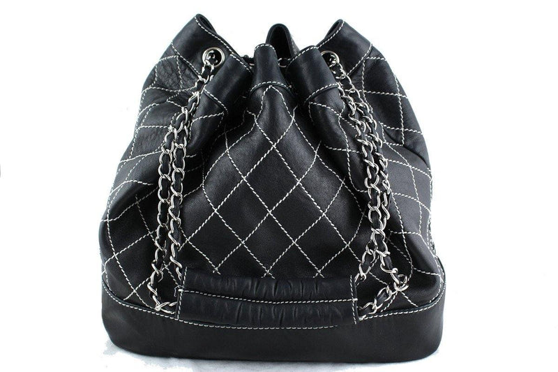 Chanel Drawstring Tote Bag Black Contrast Stitch Lambskin - Boutique Patina