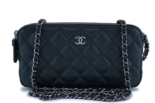 New Chanel Iridescent Black Caviar Mini Zip Case Wallet on Chain WOC Bag - Boutique Patina
