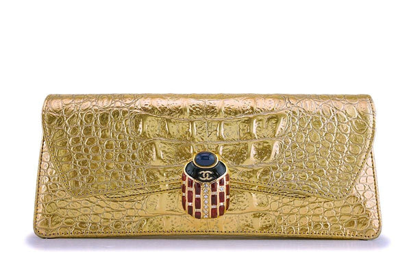 NIB 19A Chanel Gold Crocodile Embossed Limited Evening Clutch Bag - Boutique Patina