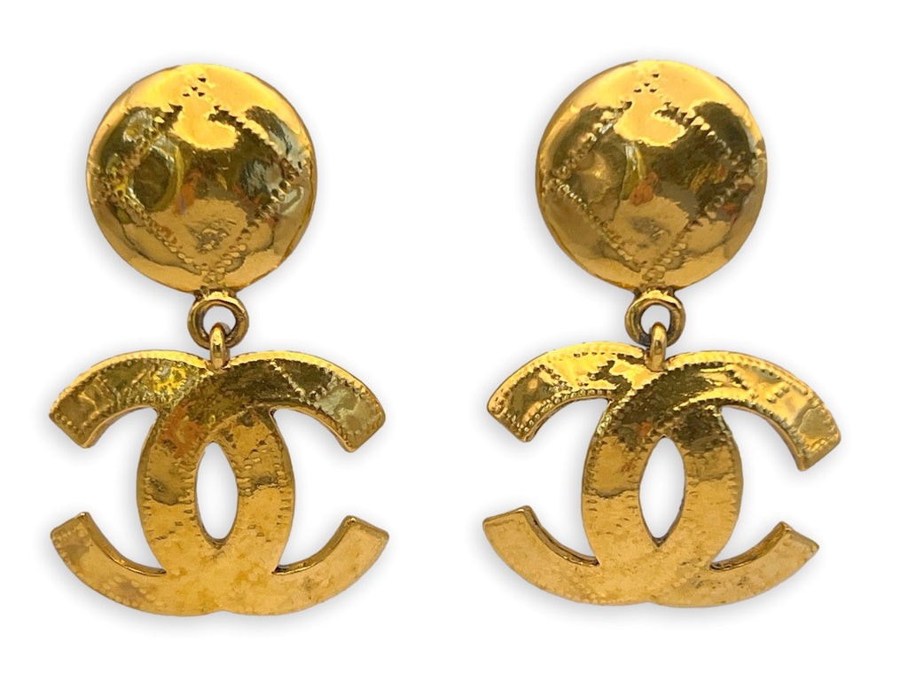 Chanel Vintage Maltese Cross Hoop Dangle Earrings 1994 94P 24K Gold CC Logo