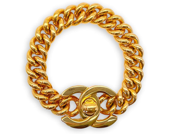 Chanel Vintage 95A Turnlock Chain Bracelet 24k Gold Plated