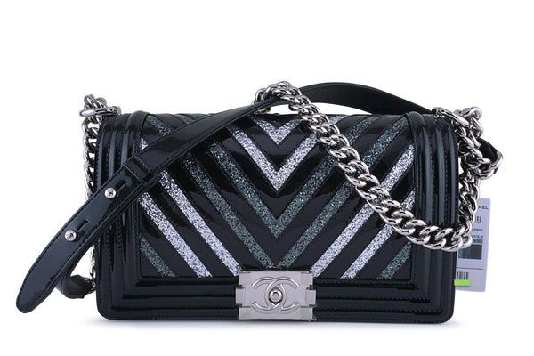 NWT 17K Chanel Black Glitter Chevron Patent Boy Flap Medium Bag - Boutique Patina