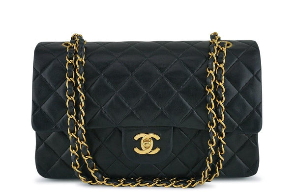 Chanel Black Lambskin Medium Classic 2.55 Double Flap Bag 24K Gold Plated - Boutique Patina