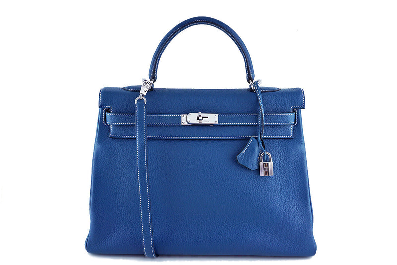 Hermes Blue Thalassa 35cm Kelly Clemence Retourne Bag, PHW - Boutique Patina