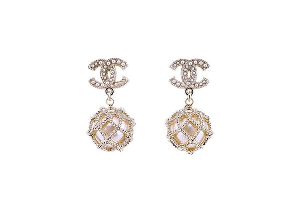 NIB Chanel Pearl Drop Logo Earrings GHW - Boutique Patina
