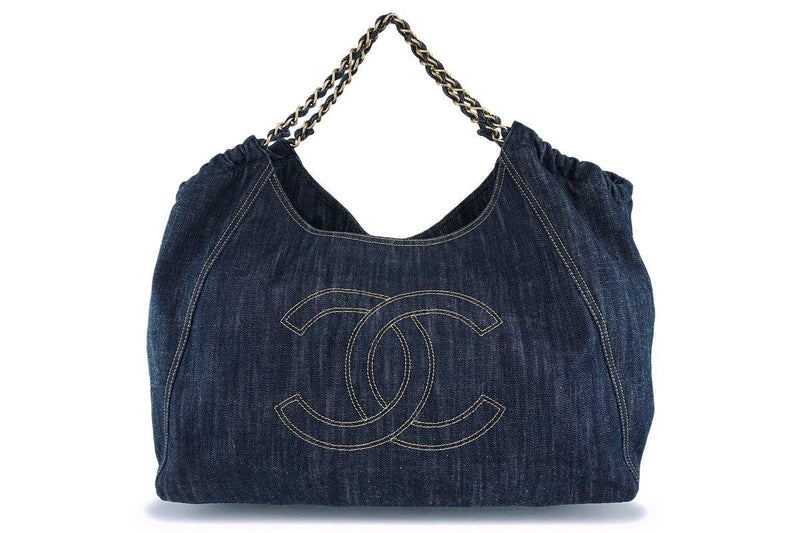 CHANEL Mini Bucket Bag Blue Denim Print CC Logo Drawstring Gold Chain Strap