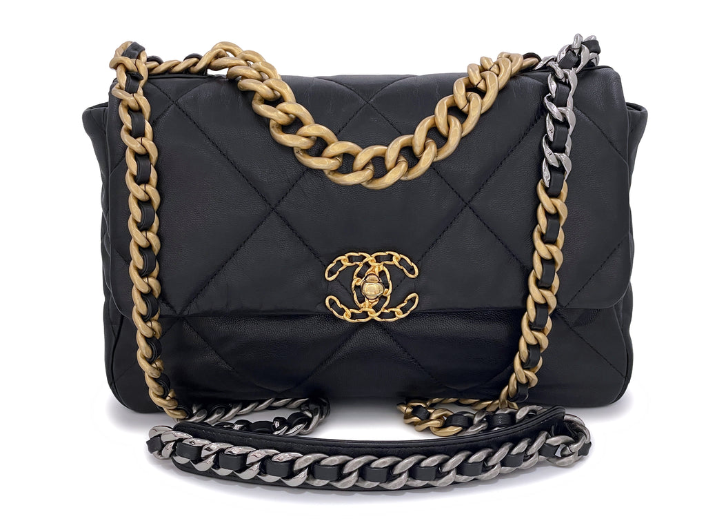 Chanel 19S Mini Flap, Satin/Leather/Pearl, Black GHW - Laulay Luxury