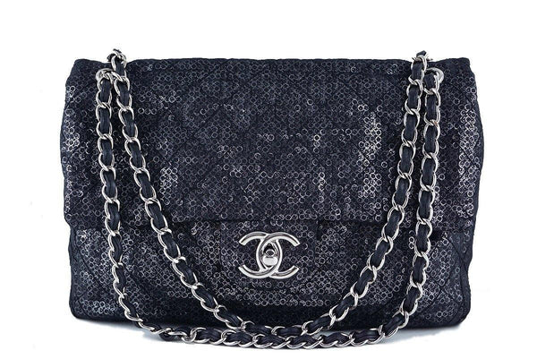 Chanel Black 13in. Maxi Quilted Sequin Classic 2.55 Jumbo XL Flap Bag - Boutique Patina