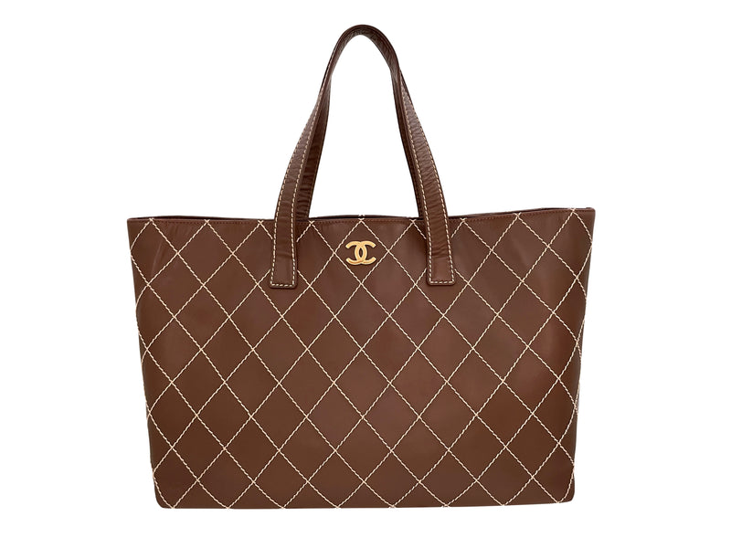 Chanel 2002 Vintage Large Brown Wild Stitch Contrast Shopper Tote
