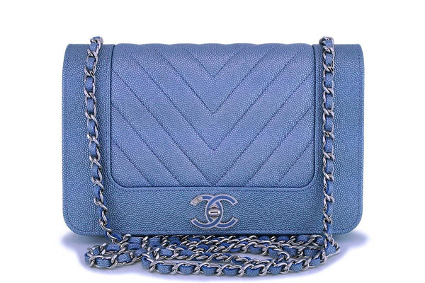 NIB 19P Chanel Pearly Blue Iridescent Chevron Wallet on Chain WOC Flap Bag - Boutique Patina