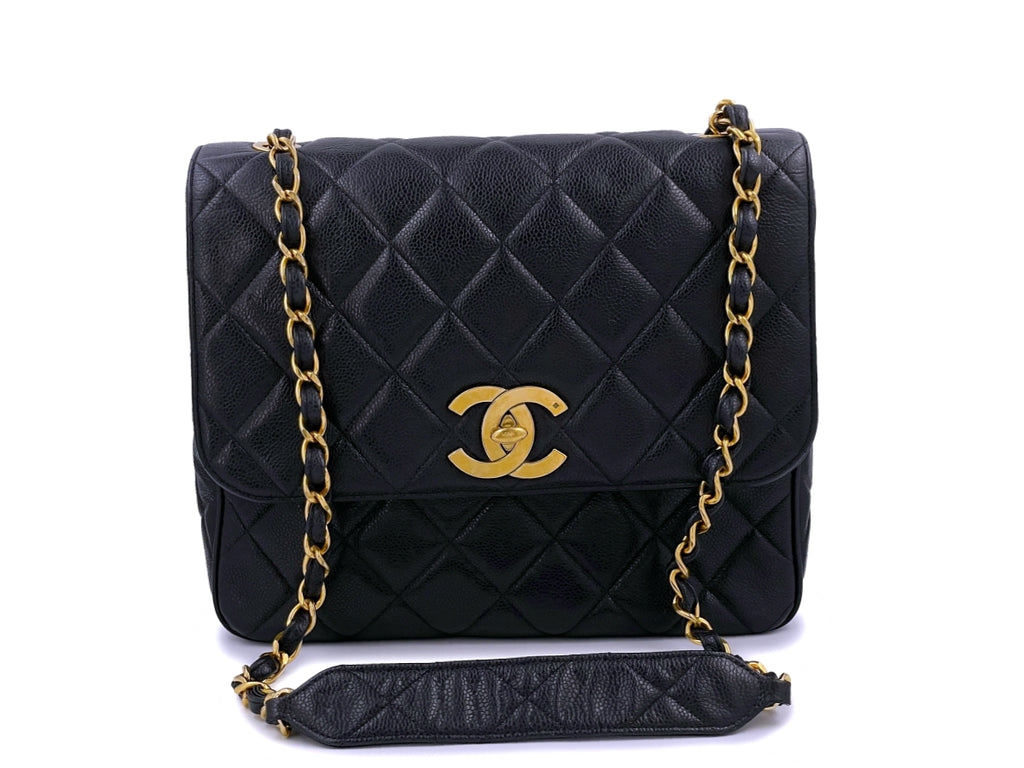 Chanel vintage jumbo large CC single flap black lambskin 24K GHW authentic  preowned - Reetzy