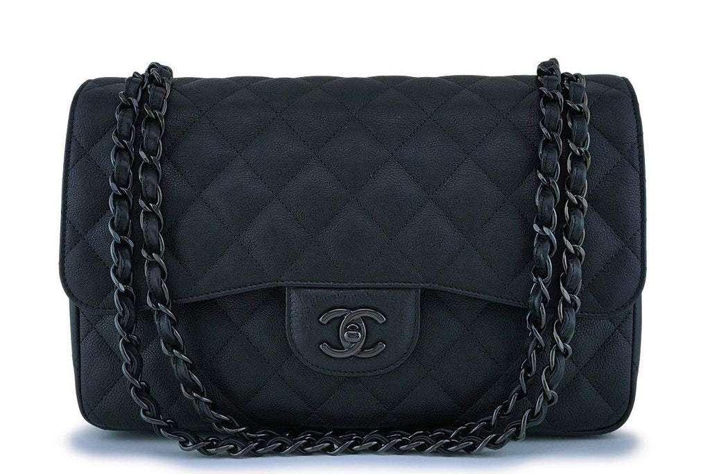 Rare Chanel So Black Crumpled Calf Jumbo Classic Double Flap Bag