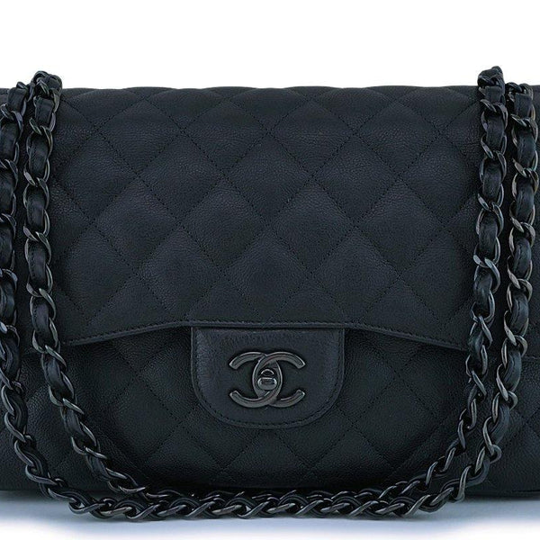 Chanel So Black Classic Double Flap Bag Quilted Shiny Crumpled Calfskin  Jumbo Black 2003671