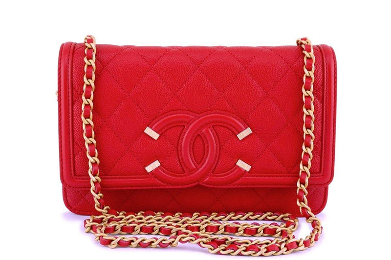 NWT 18P Chanel Red Caviar Filligree WOC Wallet on Chain Flap Bag