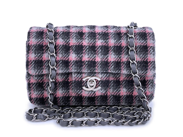 NIB 21B Chanel Rectangular Mini Classic Flap Bag Black/Pink/Gray Tweed Wool SHW - Boutique Patina