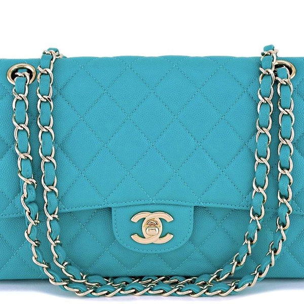 CHANEL Patent Calfskin Quilted Medium Double Flap Turquoise