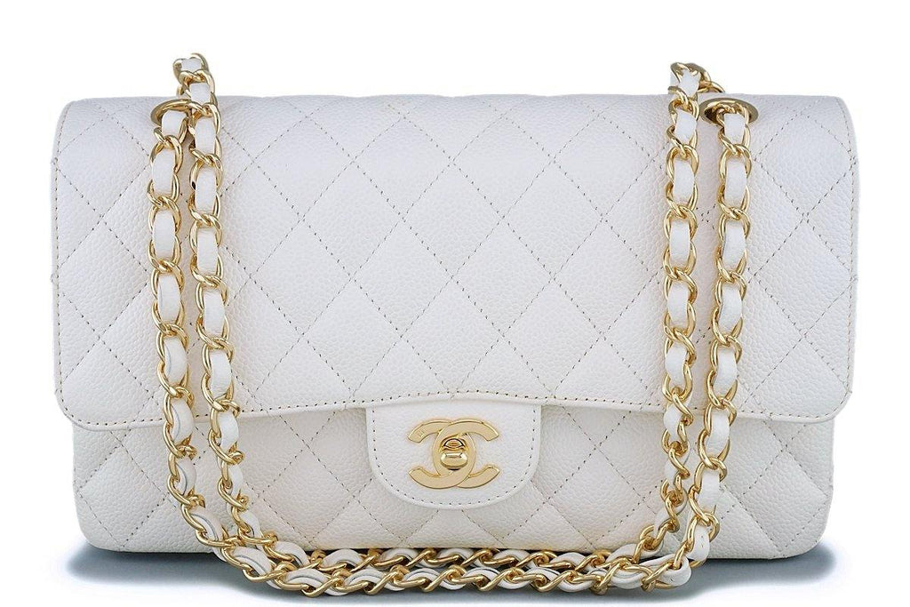 White Quilted Caviar Classic Double Flap Medium
