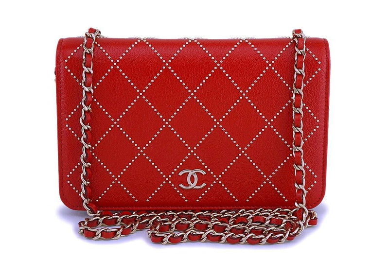 NIB 19P Chanel Red Goatskin Gold Studded Wallet on Chain WOC Flap