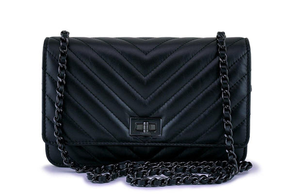 NIB 17K Chanel So Black Calfskin 2.55 Reissue Chevron WOC Wallet on Chain Bag - Boutique Patina