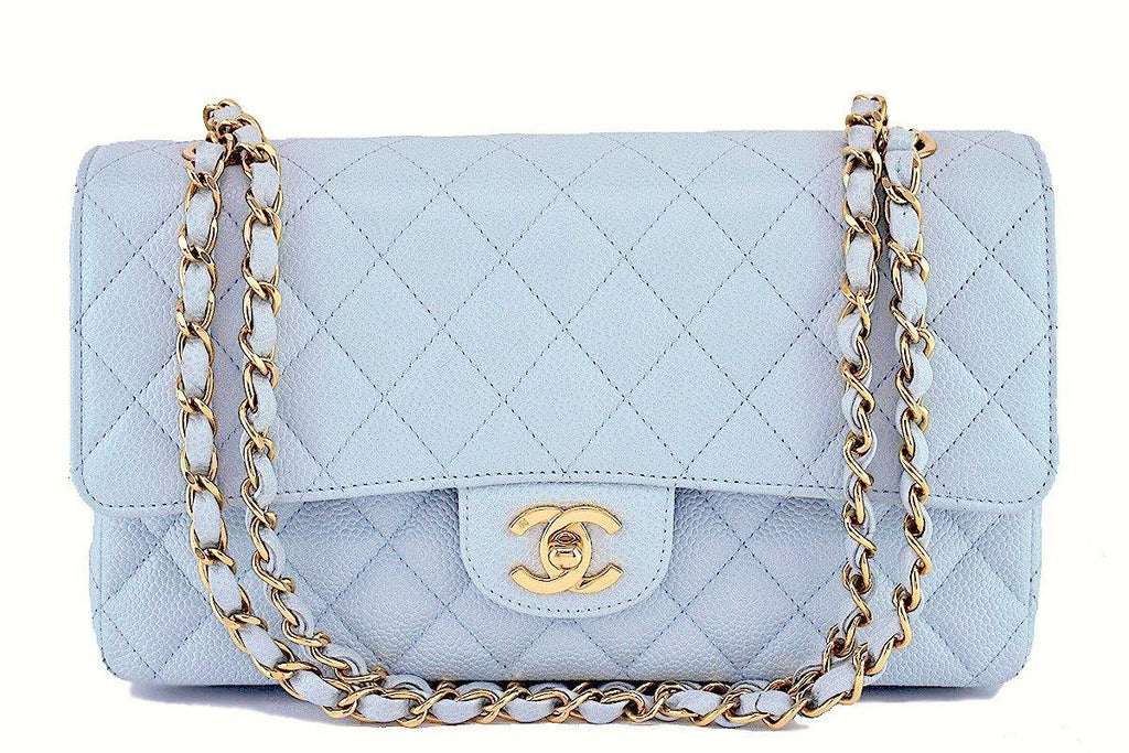 CHANEL Caviar Quilted Medium Double Flap Light Blue 338585