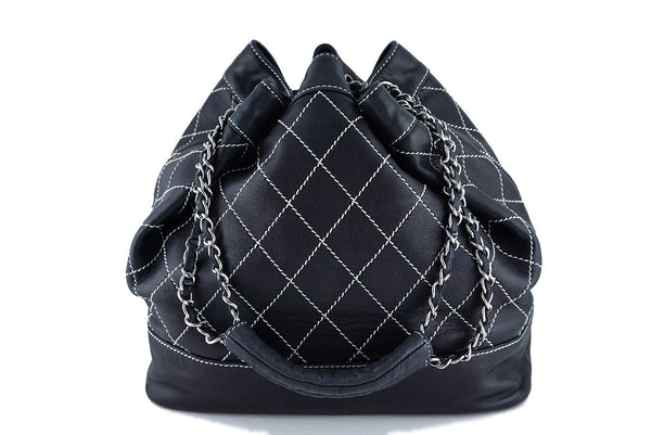 Chanel Black Large Contrast Stitch Quilted Drawstring Bag - Boutique Patina