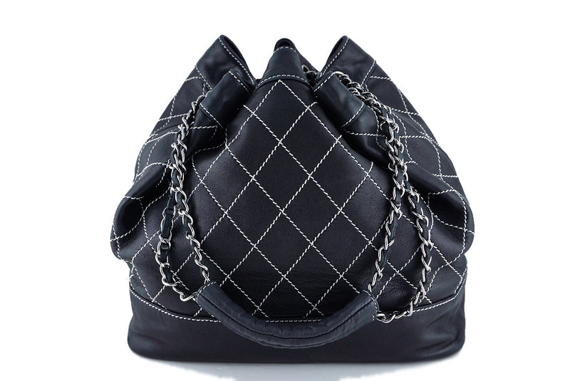 Chanel Black Large Contrast Stitch Quilted Drawstring Bag