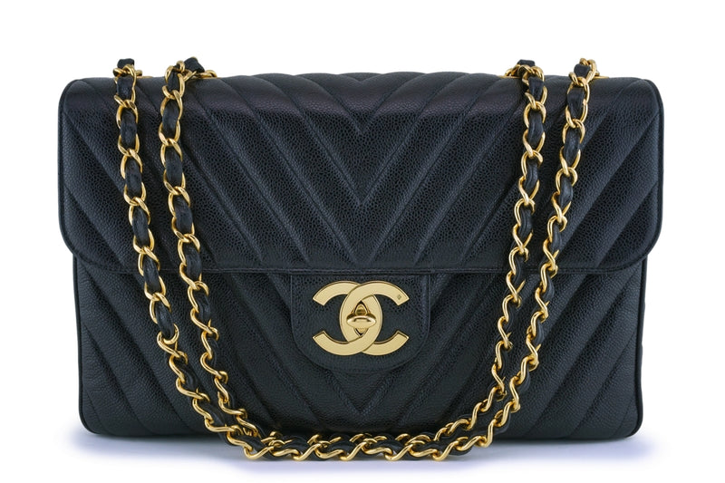 Chanel Vintage Black Caviar Chevron Classic Maxi XL Flap Bag 24k GHW - Boutique Patina
