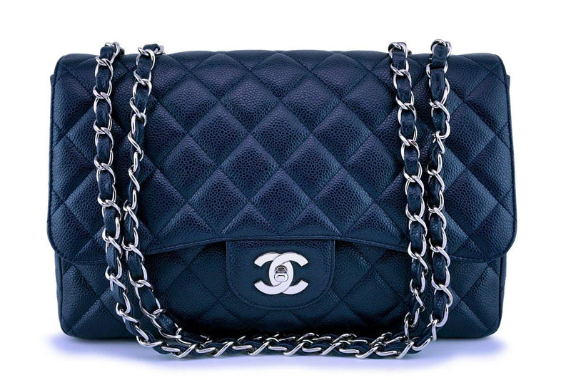 $7500 Chanel Classic Navy Blue Caviar Quilted Leather Jumbo Flap