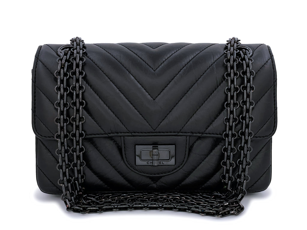 15S Chanel So Black Lambskin Chevron Rectangular Mini Flap Bag