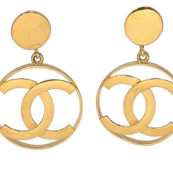 Chanel Vintage 80s 90s Large Gold Round CC Logo Clip On Statement Earrings