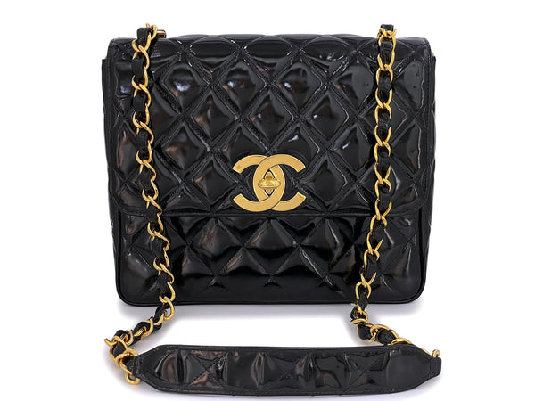 Chanel 1994 Vintage Black Patent Tall Classic Flap Bag Crossbody 24k GHW - Boutique Patina