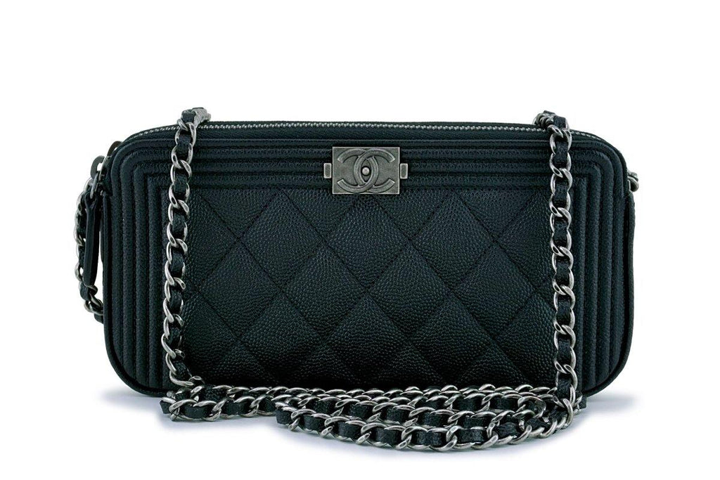 NIB Chanel Black Caviar Boy Double Zip Wallet on Chain Clutch