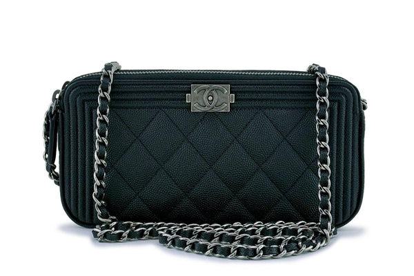 NIB Chanel Black Caviar Boy Double Zip Wallet on Chain Clutch WOC Bag - Boutique Patina