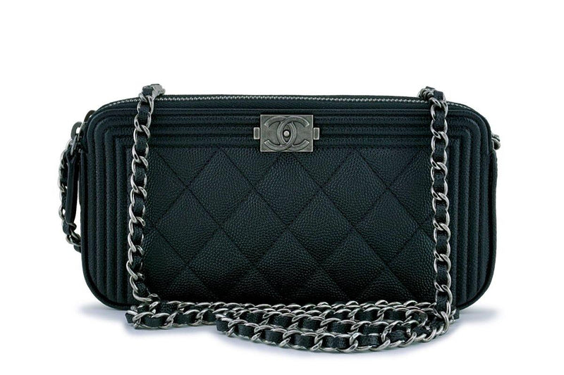 NIB Chanel Black Caviar Boy Double Zip Wallet on Chain Clutch WOC