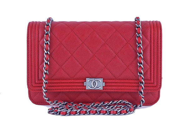 NWT 16A Chanel Red Caviar Boy Classic Quilted WOC Wallet on Chain Flap Bag - Boutique Patina