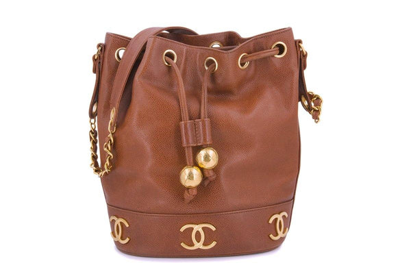 Chanel Vintage Caramel Beige Brown Caviar Bucket Drawstring Bag 24k GHW - Boutique Patina